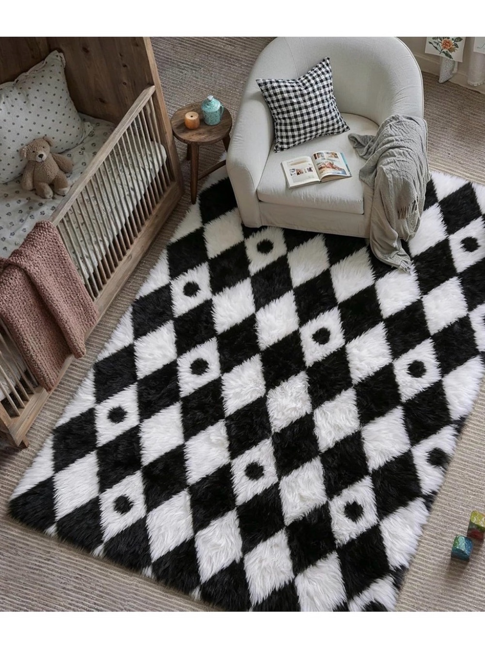 Plush Black and White Diamond Shag Area Rug - Home Accents
